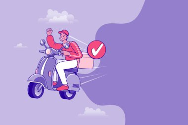 Hızlı scooter teslimat servisi, kontrol işareti ve kopyalama alanı var. Ekspres nakliye için mobilete binen mutlu kurye. Metin için boş alanı olan profesyonel dağıtım kavramı.