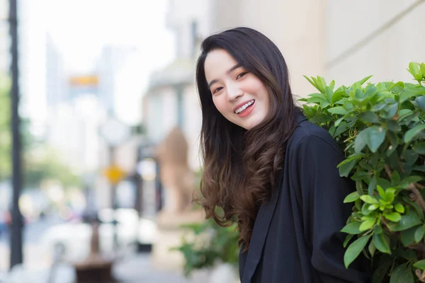 Portrait Asian Woman Long Hair Wears Black Coat Stands Outdoor — Stock Photo, Image