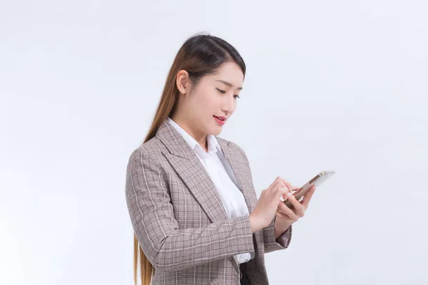 Une Femme Travail Asiatique Costume Formel Dans Une Chemise Blanche — Photo