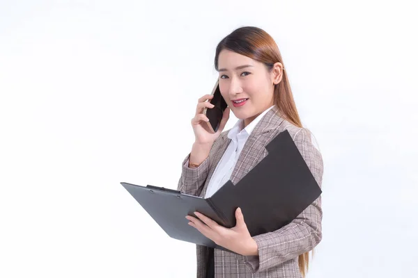 Asian Working Woman Formal Suit White Shirt Calling Telephone Opens — Stock Photo, Image