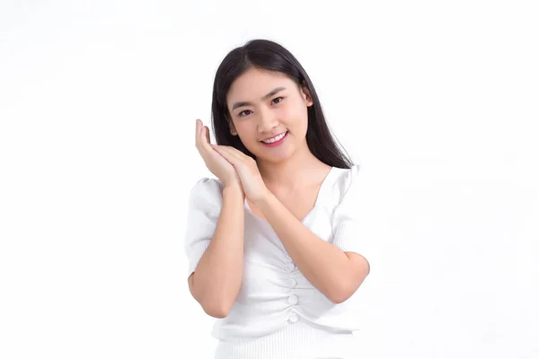 Aziatisch Mooi Dame Die Heeft Lang Haar Glimlacht Toont Haar — Stockfoto