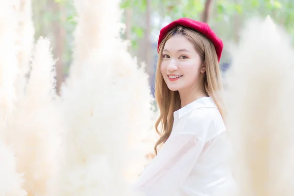 Portrait Asian Beautiful Lady Who Wears White Dress Red Cap — Stock Photo, Image