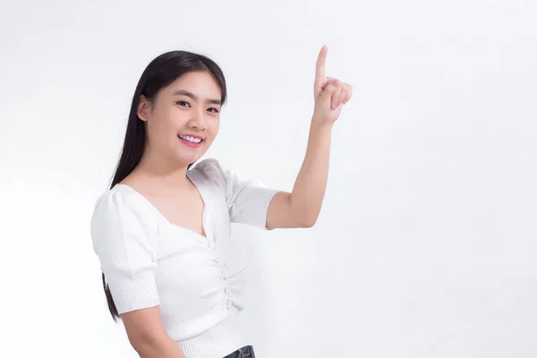 Aziatisch Meisje Met Zwart Lang Haar Draagt Wit Shirt Glimlach — Stockfoto