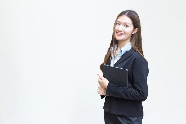 Asiatische Geschäftsfrau Schwarzen Anzug Lächelt Glücklich Während Sie Arbeitet Und — Stockfoto