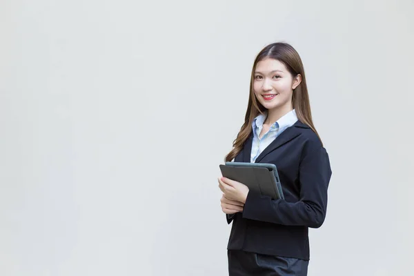 Asiatische Geschäftsfrau Schwarzen Anzug Lächelt Glücklich Während Sie Arbeitet Und — Stockfoto