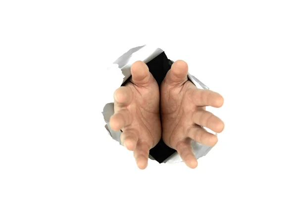 Αρσενικά Χέρια Τεντώνονται Μπροστά Λευκό Φόντο Σκισμένο Χαρτί Και Χειραψία — Φωτογραφία Αρχείου