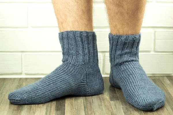 Handmade Socks Warm Yourself Knitted Socks Close Photo Male Legs — Stock Photo, Image