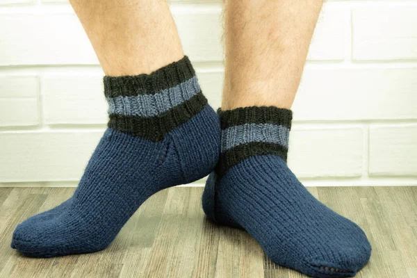 Handmade Socks Warm Yourself Knitted Socks Close Photo Male Legs — Stock Photo, Image