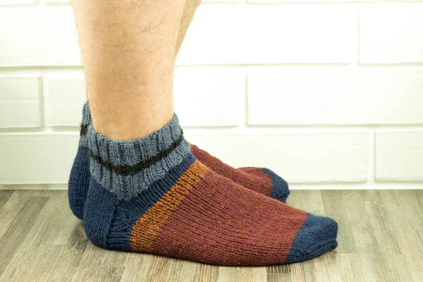 Handmade Socks Warm Yourself Knitted Socks Close Photo Male Legs — Stock Photo, Image