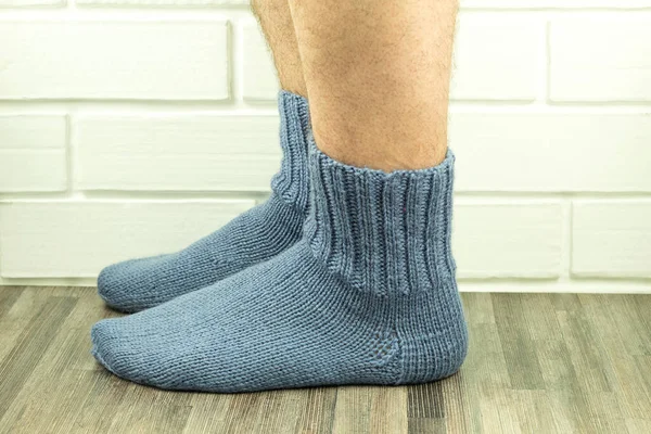 Handmade Socks Warm Yourself Knitted Socks Close Photo Male Legs — Stock Photo, Image