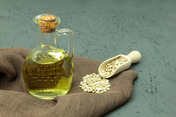 Sunflower Oil Glass Jar Seeds Spoon Bottle Sunflower Oil Board — Stock Photo, Image