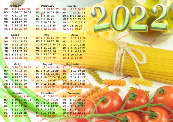 Kalender För 2022 Med Plats För Bild Spagetti Och Tomater — Stockfoto