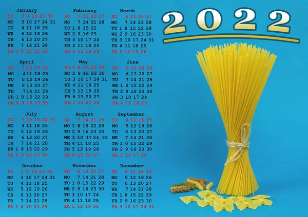 Calendario 2022 Con Posto Immagine Spaghetti Crudi Pomodori Concetto Cibo — Foto Stock