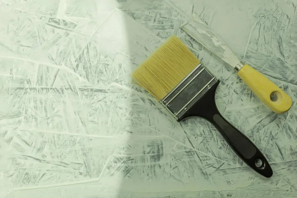 Paint Brush Lies Wooden Table Preparation Painting New Paintbrush Lies — Stock Photo, Image