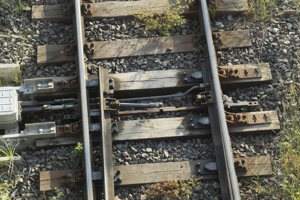 Mekanisk Växlingsbrytare För Järnvägsspår Mekanismen Modern Elektrisk Järnvägs Brytare Närbild — Stockfoto