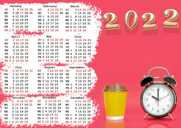 Calendar for 2022 with US holidays, Calendar with a picture of a clock. Calendar with black clock