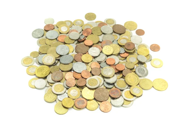 Монеты Разных Стран Разных Номиналов Белом Фоне Европейские Американские Монеты — стоковое фото