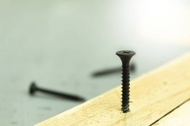 Bir siyah vida ahşap bölüme vidalanır. Aletlerde ve inşaat malzemelerinde güneş parlıyor. Kopyalama alanı olan arkaplan