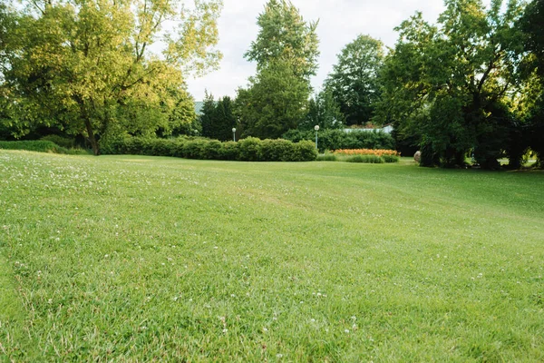 Bela Paisagem Parque Outono Com Gramado Árvores Parque Outono Pôr — Fotografia de Stock