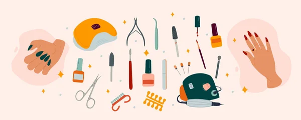 Ensemble Tendance Illustrations Mains Féminines Divers Accessoires Manucure Équipements Outils — Image vectorielle