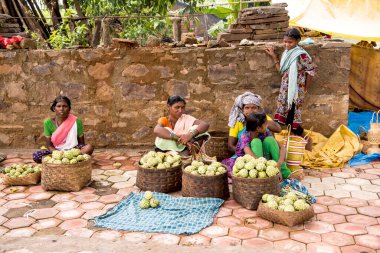 Bastar, Chhattisgarh, Hindistan / 28 Eylül 2017: Kabile kadınları Jagdalpur yakınlarındaki bir pazarda Custard Apple, Sitafal satıyor.  