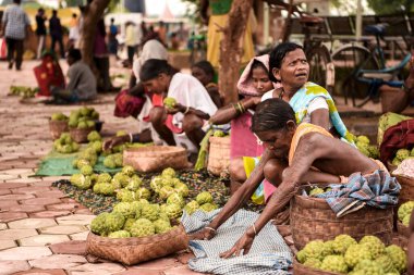 Bastar, Chhattisgarh, Hindistan / 28 Eylül 2017: Kabile kadınları Jagdalpur yakınlarındaki bir pazarda Custard Apple, Sitafal satıyor.  