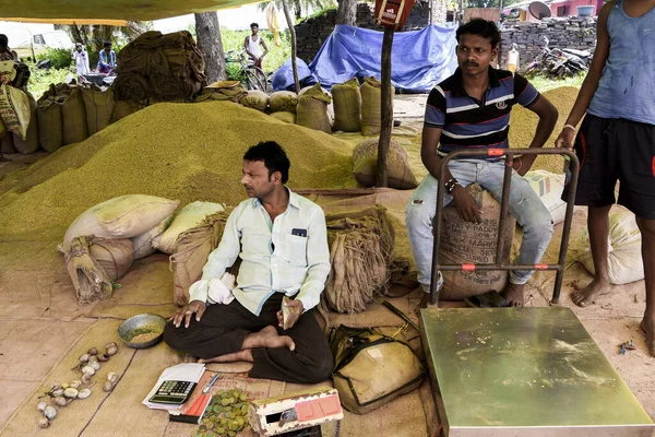 Jagdalpur, Bastar, Chhattisgarh, Hindistan / 29 Eylül 2017: Lohandiguda köyündeki kabilelerden pirinç satın alan bir tüccar. 