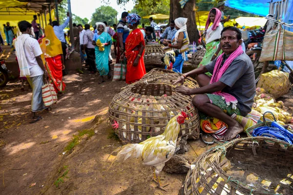 Bastar bölgesi, Chhattisgarh, Hindistan / 29 Eylül 2017: Jagdalpur yakınlarındaki Lohandiguda köyünde satılık horozlar, Bastar bölgesi, Chhattisgarh, Hindistan