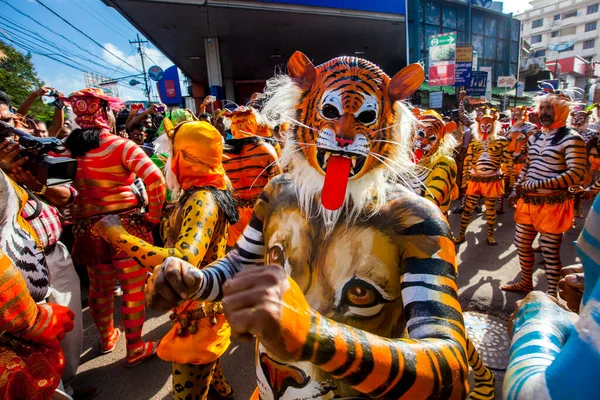 Thrissur, Kerala, Hindistan / 10 Eylül 2014: Eğitimli dansçılar vücutlarını kaplan rengine boyatırlar ve 200 yıllık ünlü Pulikali dansına katılırlar. 