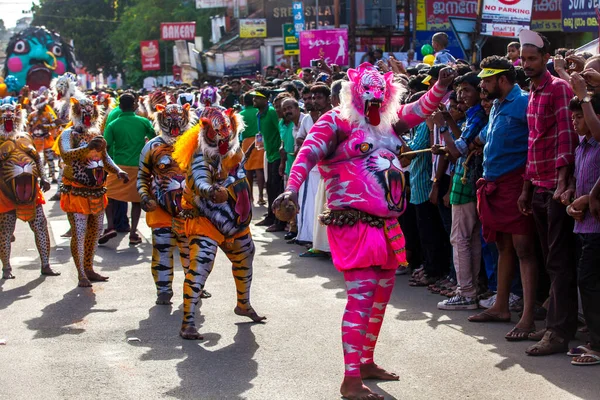 Thrissur Kerala Hindistan Eylül 2014 Eğitimli Dansçılar Vücutlarını Kaplan Rengine — Stok fotoğraf