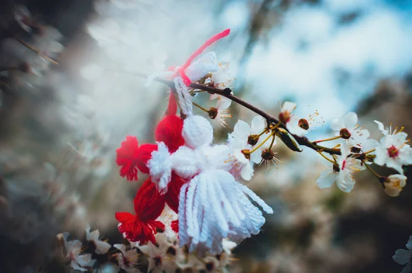 Rood Wit Mooie Martisor Opknoping Aan Takken Van Bloeiende Boom — Stockfoto