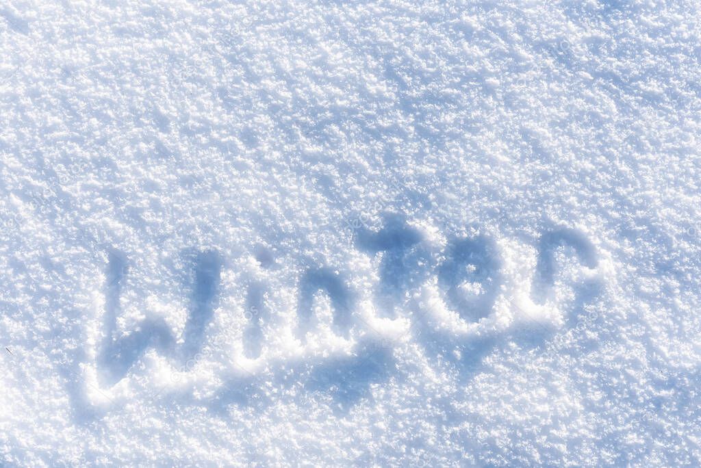 Full frame fresh snow texture background with winter text