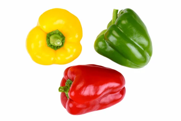 Bovenaanzicht Van Drie Perfecte Paprika Een Witte Achtergrond Zonder Schaduwen — Stockfoto