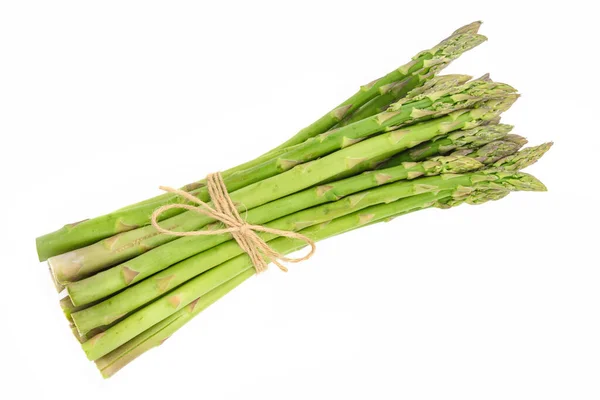 Close Fresh Raw Asparagus Bunch Tied Burlap Twine Isolated White — Stock Photo, Image