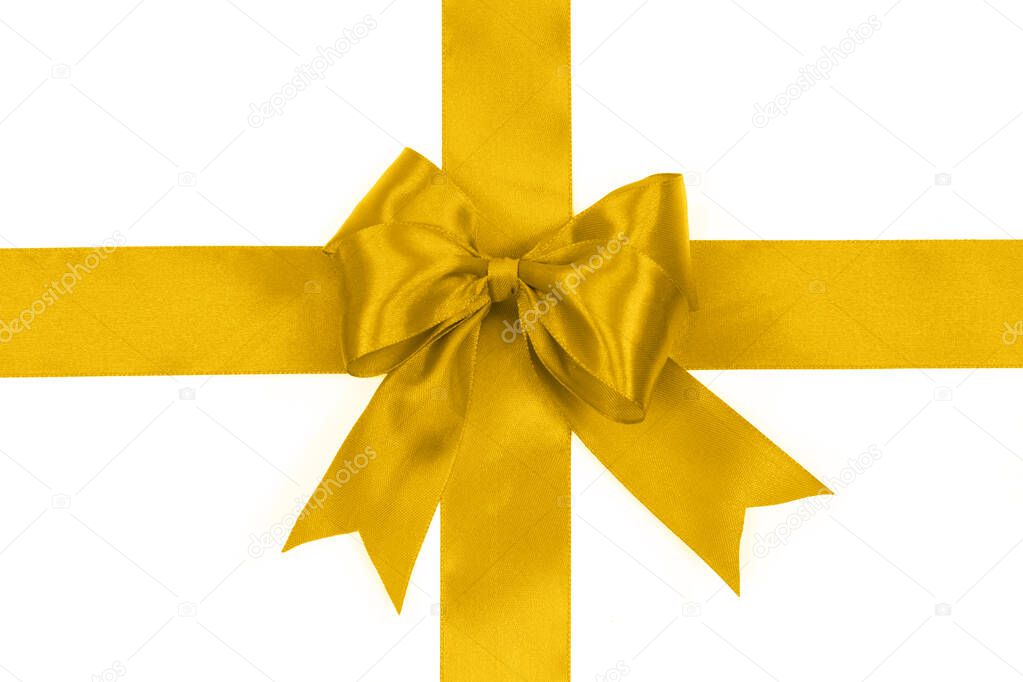 Shiny golden satin bow on a white background with no shadows in close-up ( high details)