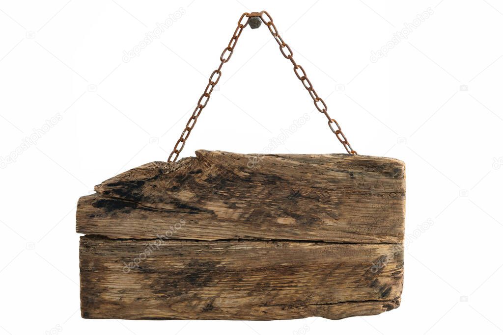 Old empty wooden sign hanging on a rusty chain isolated on a white background (high details)