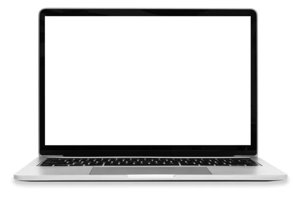 Boş beyaz ekranlı moder jenerik gümüş dizüstü bilgisayarın ön görüntüsü ve kopyalama alanı olan beyaz bir arkaplan üzerinde izole edilmiş (yüksek detaylar)