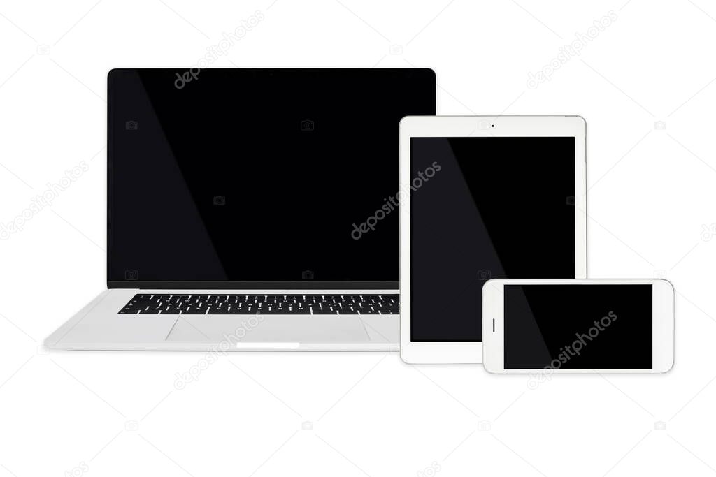 Set of isolated modern mobile technology devices template for responsive design presentation including: laptop, tablet and smartphone.