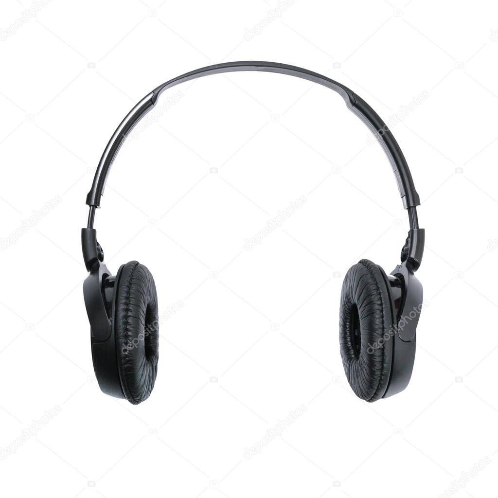 Modern black wireless headphones isolated on a white background in close-up.