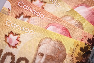 Kanada para birimi. Kanada dolarlarının yakın plan çekimleri.