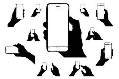 Eller akıllı telefon koleksiyonunu siluet klipte tutuyor resim simgesi beyaz arkaplan üzerinde vektör tarafından çoklu tasarım