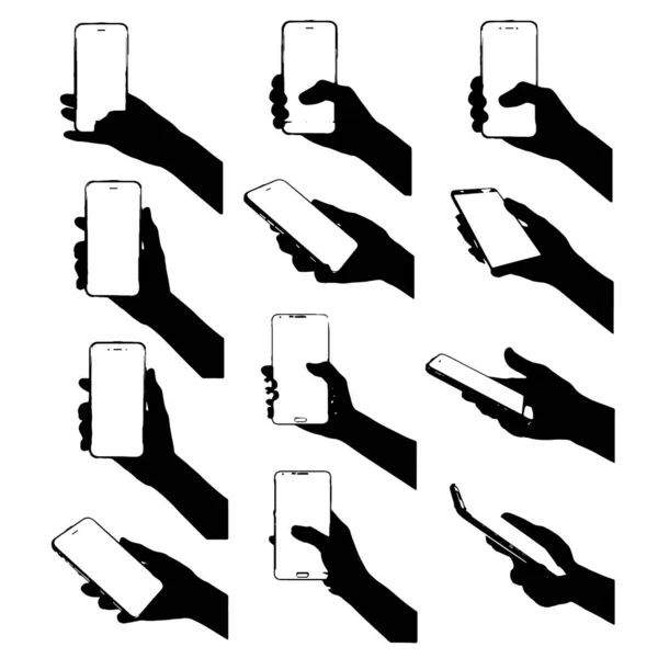 Mano Con Colección Iconos Clip Silueta Teléfono Inteligente Diseño Fondo — Archivo Imágenes Vectoriales