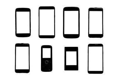 akıllı telefon ve cep telefonu koleksiyonu beyaz arkaplanda siluet