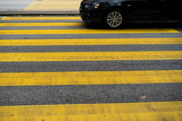 Cars Motorcycles Passing Pedestrian Crossing Yellow Stripes Crosswalk — Stock Photo, Image