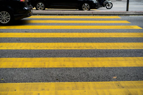 Cars Motorcycles Passing Pedestrian Crossing Yellow Stripes Crosswalk — Stock Photo, Image