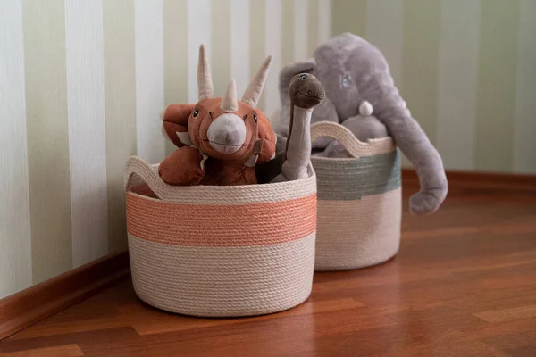 Soft Toys Baskets Order Nursery Background — Stock Photo, Image