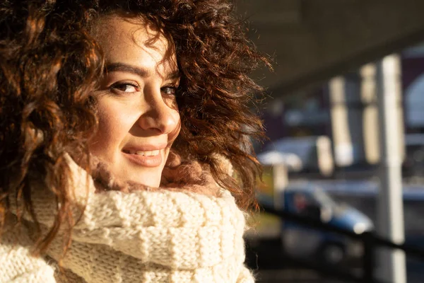 Young Woman Dark Curly Hair Close Portrait Warmly Dressed Scarf — Stock Photo, Image