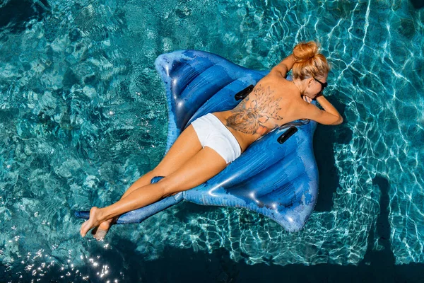 Young Woman Pool Inflatable Mattress — Stockfoto