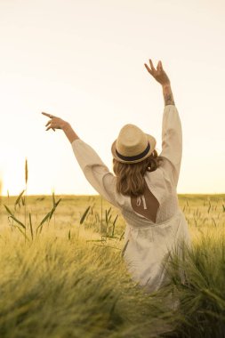 Sarı uzun saçlı, beyaz elbiseli, buğday tarlasında hasır şapkalı güzel bir kadın. Güneşte uçan saçlar, yaz. Hayalperestlerin zamanı, altın gün batımı.