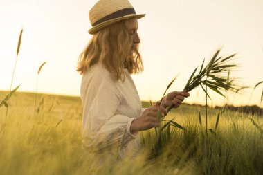 Sarı uzun saçlı, hasır şapkalı beyaz elbiseli güzel bir kadın buketi buğday tarlasında topluyor. Güneşte uçan saçlar, yaz. Hayalperestlerin zamanı, altın gün batımı.